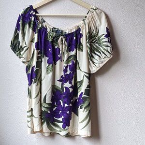 NWT Favant - Cream and Purple Hawaiian Print Blouse - Women's XL